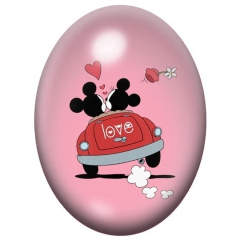 Cabochon en Verre Illustré Couple de Souris en Voiture Rose 13x18, 18x25 ou 30x40mm