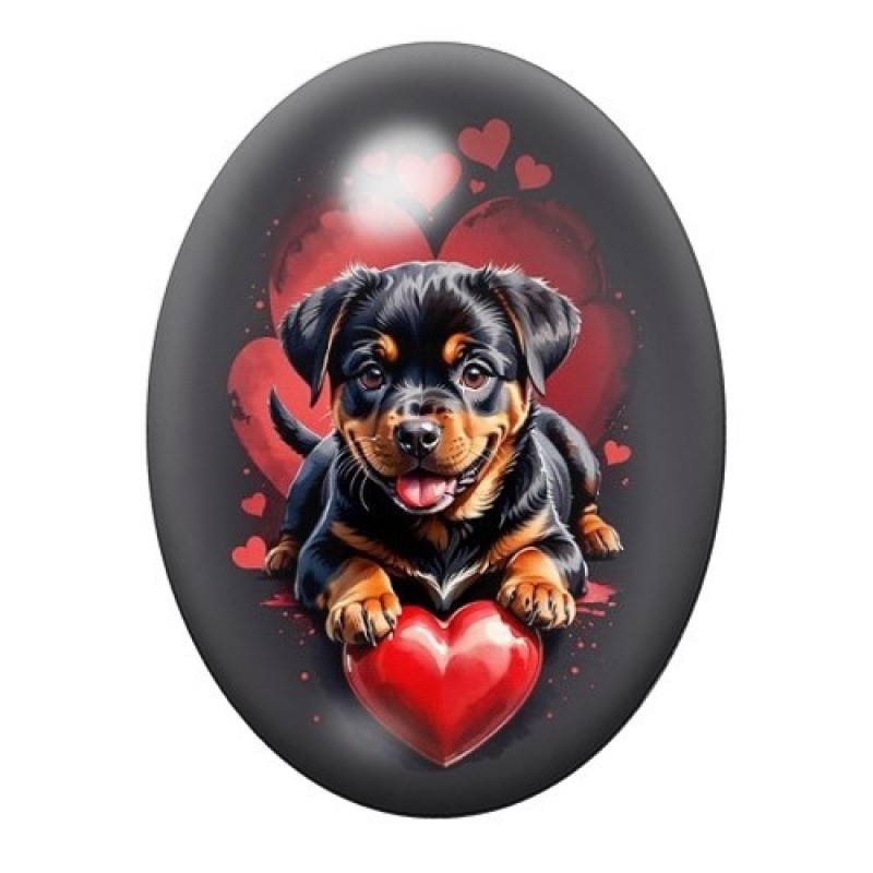 Cabochon en Verre Illustré Chien Rottweiler Coeur Amour 13x18, 18x25 ou 30x40mm