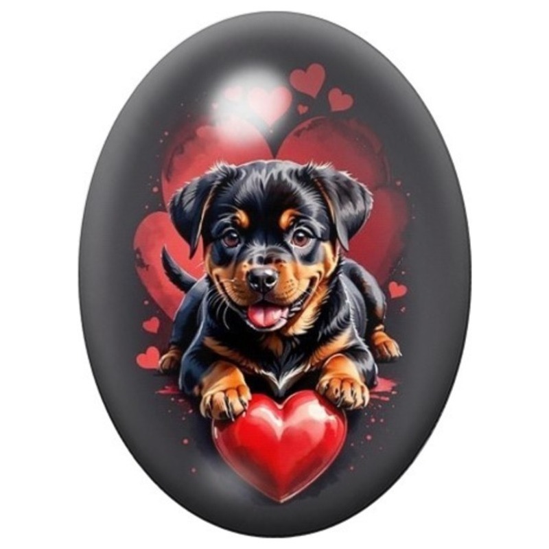 Cabochon en Verre Illustré Chiot Rottweiler au Cœur Rouge 13x18, 18x25 ou 30x40mm