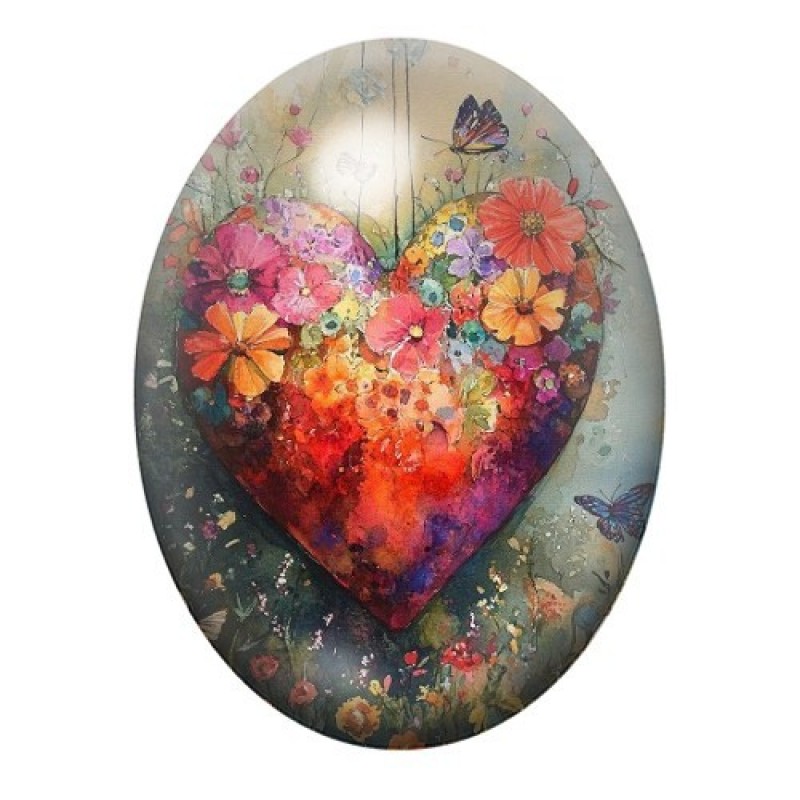 Cabochon en Verre Illustré Cœur Fleuri Multicolore 13x18, 18x25 ou 30x40mm