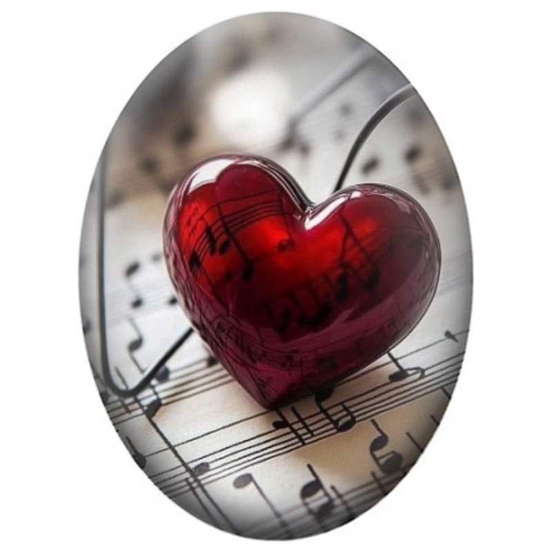 Cabochon en Verre Illustré Cœur Rouge sur Partition de Musique 13x18, 18x25 ou 30x40mm