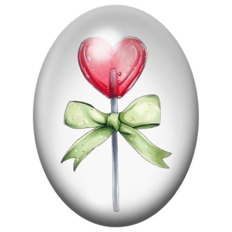 Cabochon en Verre Illustré Sucette Cœur Rose au Nœud Vert 13x18, 18x25 ou 30x40mm
