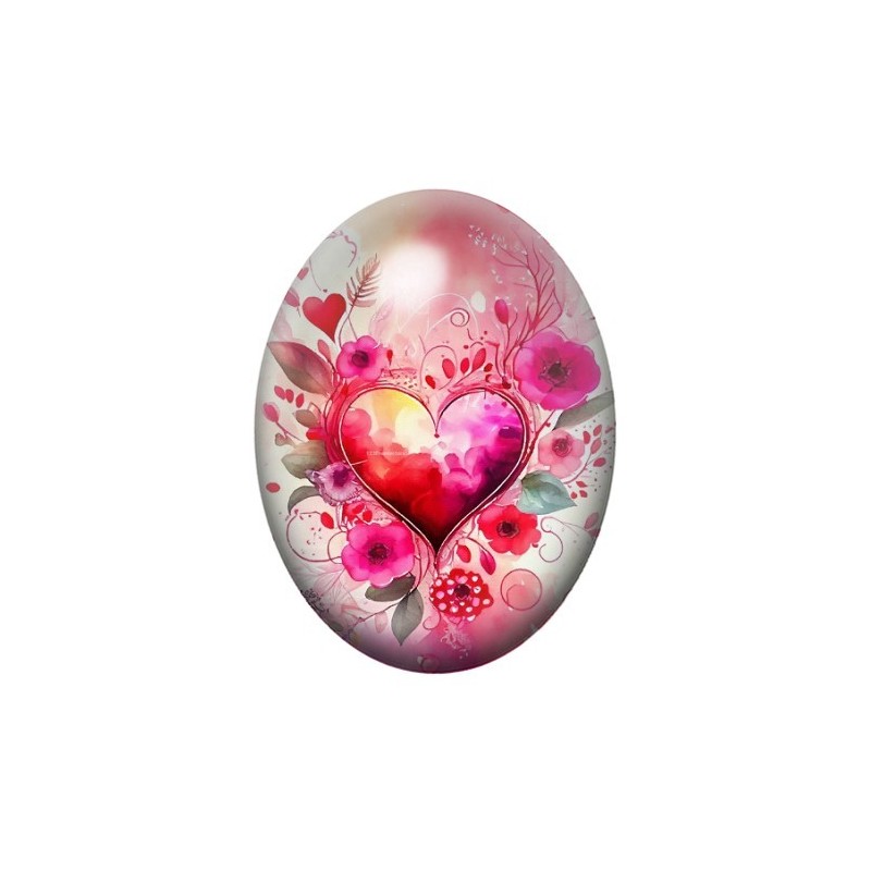 Cabochon en Verre Illustré Coeur Fleuri Amour 13x18, 18x25 ou 30x40mm