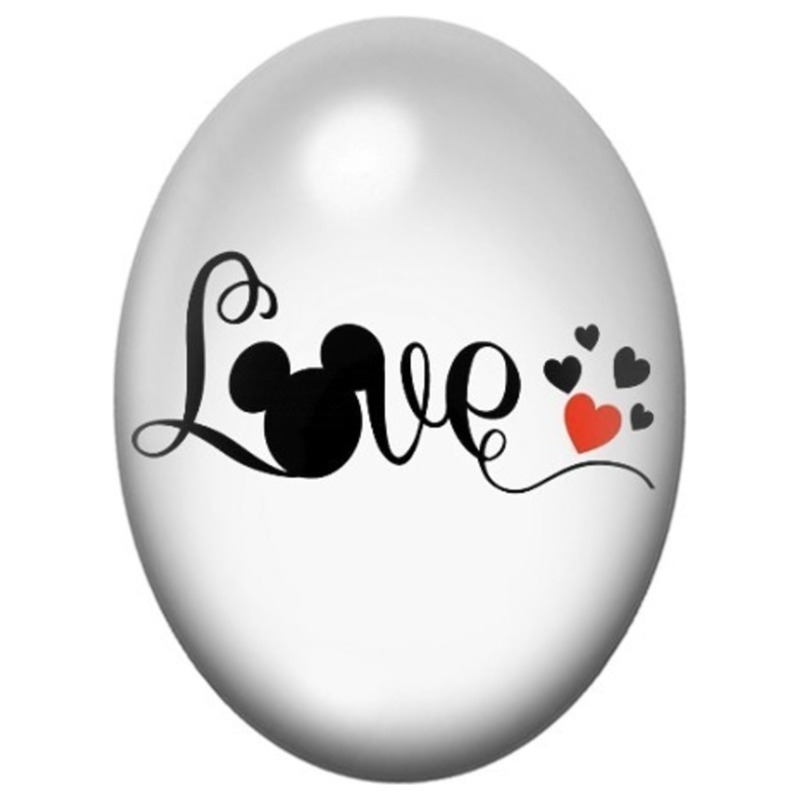 Cabochon en Verre Illustré Love Calligraphié aux Cœurs de Souris 13x18, 18x25 ou 30x40mm