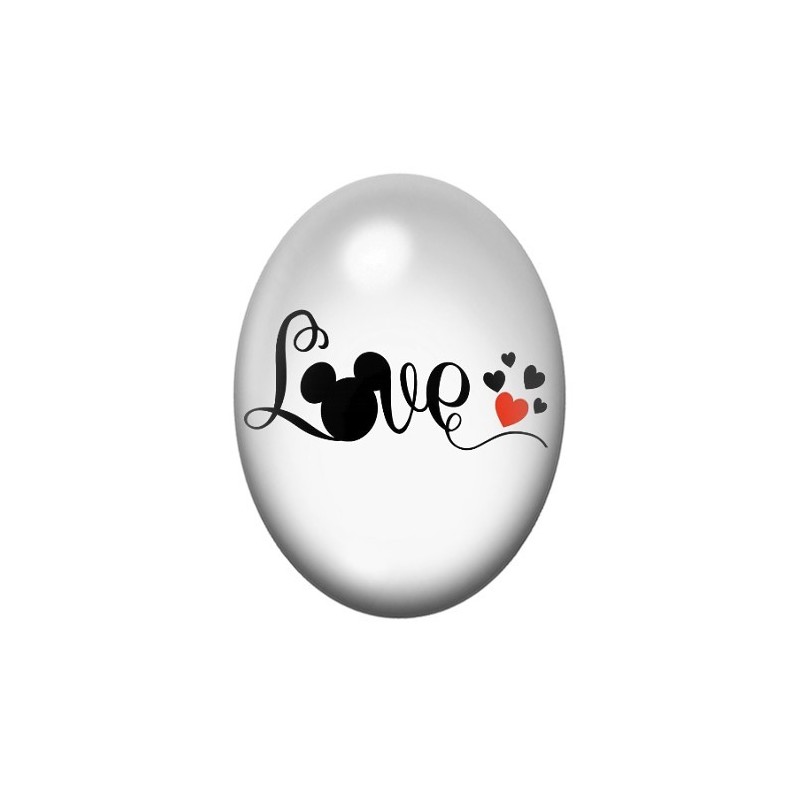 Cabochon en Verre Illustré Mickey Love Coeurs Amour 13x18, 18x25 ou 30x40mm
