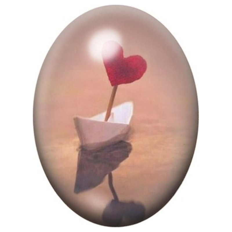 Cabochon en Verre Illustré Bateau en Papier au Mât Cœur 13x18, 18x25 ou 30x40mm