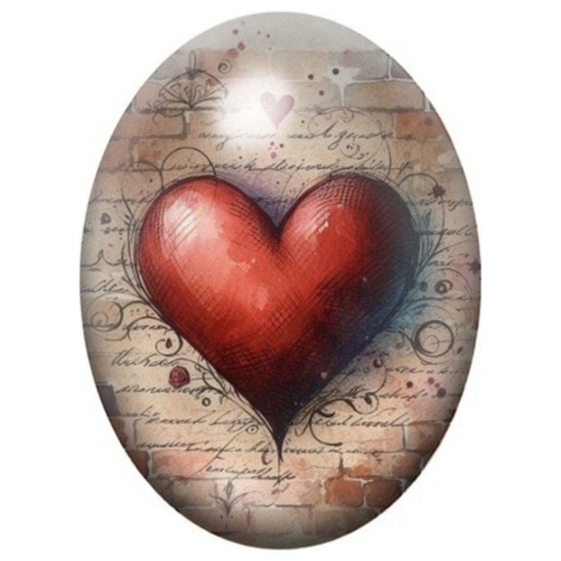 Cabochon en Verre Illustré Cœur Rouge sur Écriture Vintage 13x18, 18x25 ou 30x40mm