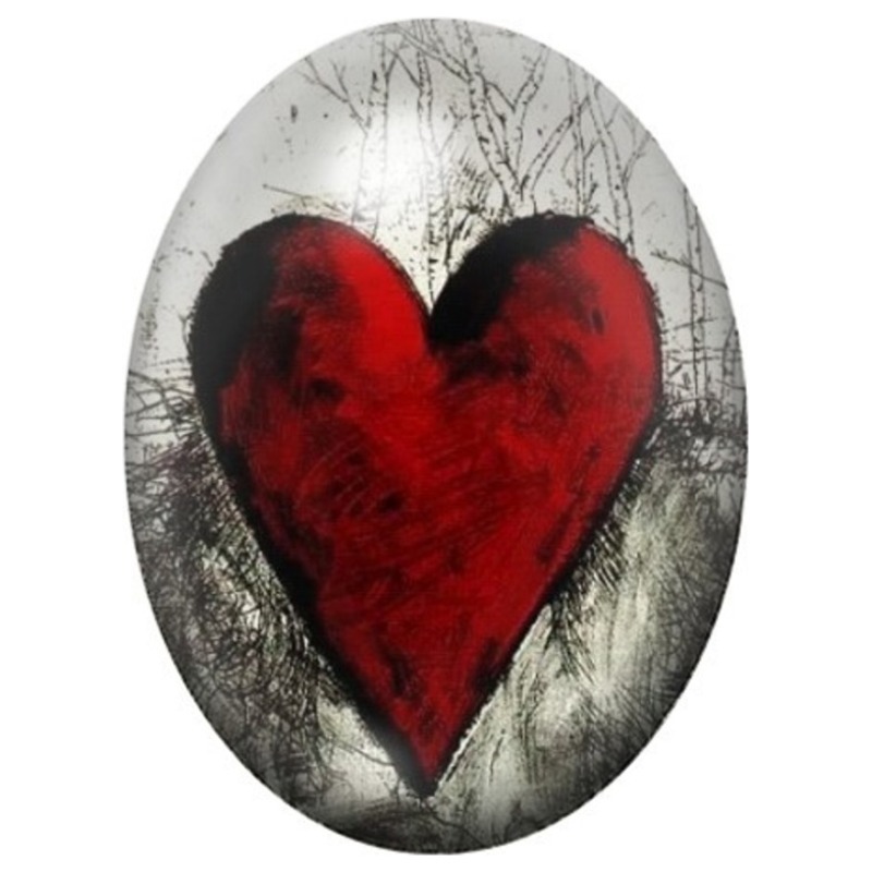 Cabochon en Verre Illustré Cœur Rouge Peint en Noir et Blanc 13x18, 18x25 ou 30x40mm