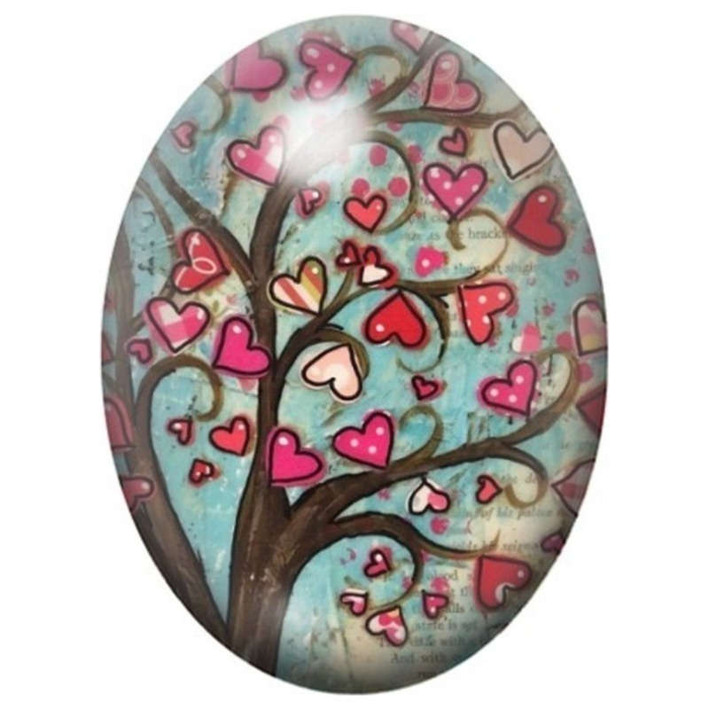 Cabochon en Verre Illustré Arbre aux Cœurs Multicolores 13x18, 18x25 ou 30x40mm