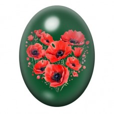 Cabochon en Verre Illustré Cœur de Coquelicots sur Fond Vert 13x18, 18x25 ou 30x40mm pour la création de bijoux fantaisie - DIY