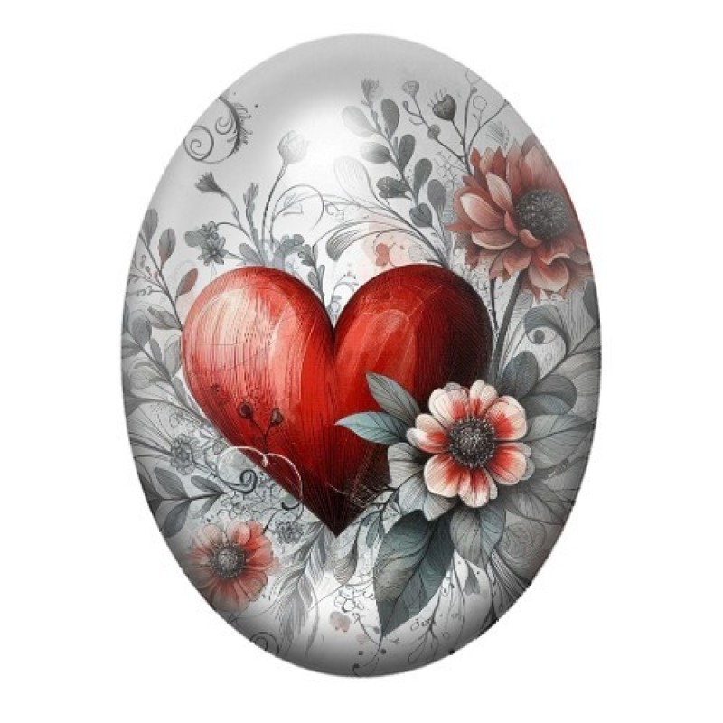 Cabochon en Verre Illustré Coeur Fleurs Amour 13x18, 18x25 ou 30x40mm