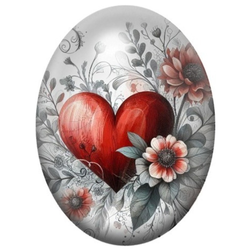 Cabochon en Verre Illustré Cœur Rouge aux Fleurs en Noir et Blanc 13x18, 18x25 ou 30x40mm