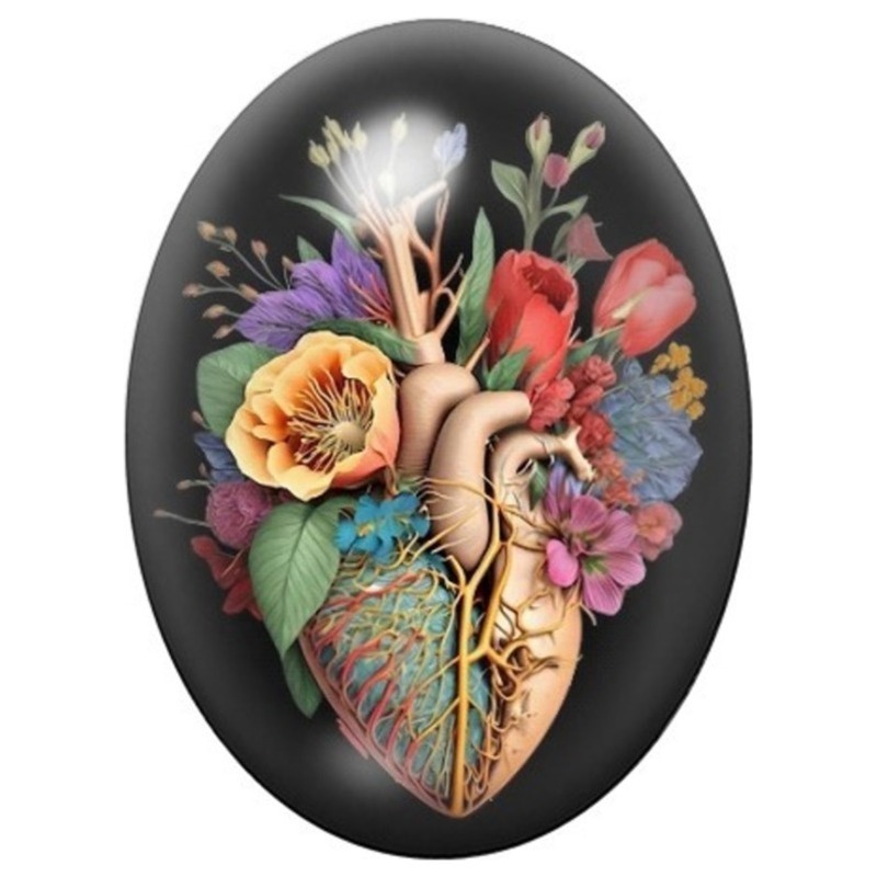 Cabochon en Verre Illustré Cœur Anatomique Fleuri 13x18, 18x25 ou 30x40mm