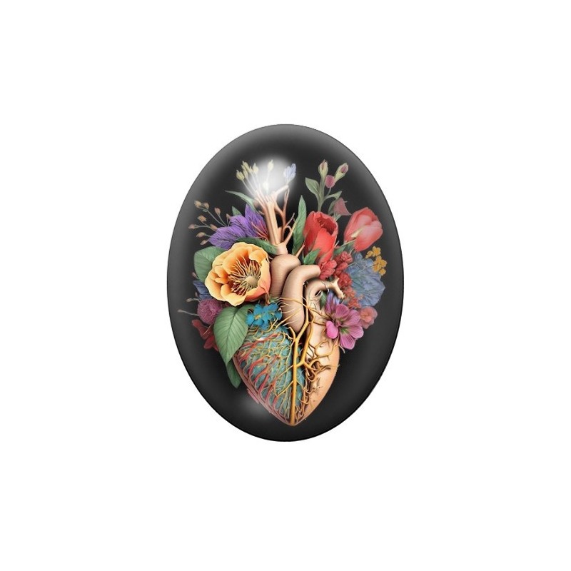 Cabochon en Verre Illustré Organe Coeur Fleuri Amour 13x18, 18x25 ou 30x40mm
