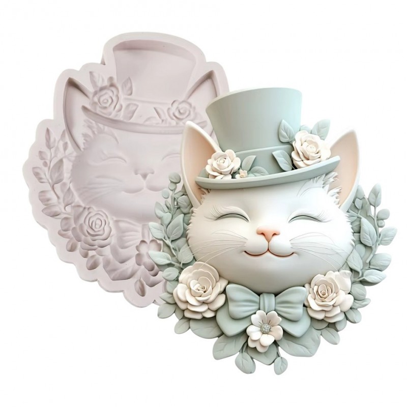 Moule en Silicone Chat Alice au Pays des Merveilles Pâte Polymère Fimo Résine Gâteau Plâtre