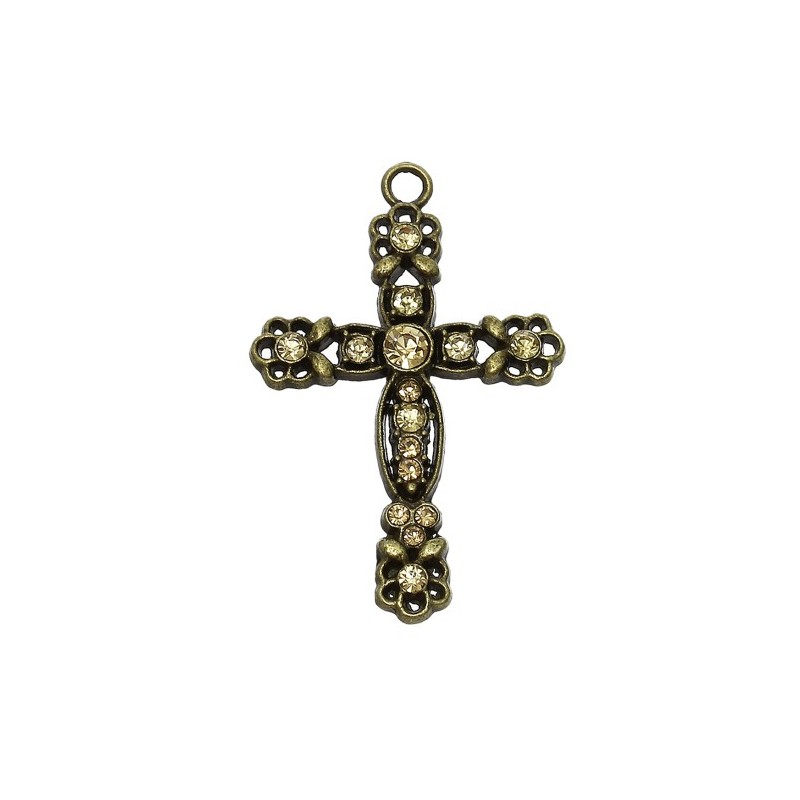 Grand Pendentif Croix Bronze avec Strass 58x38mm