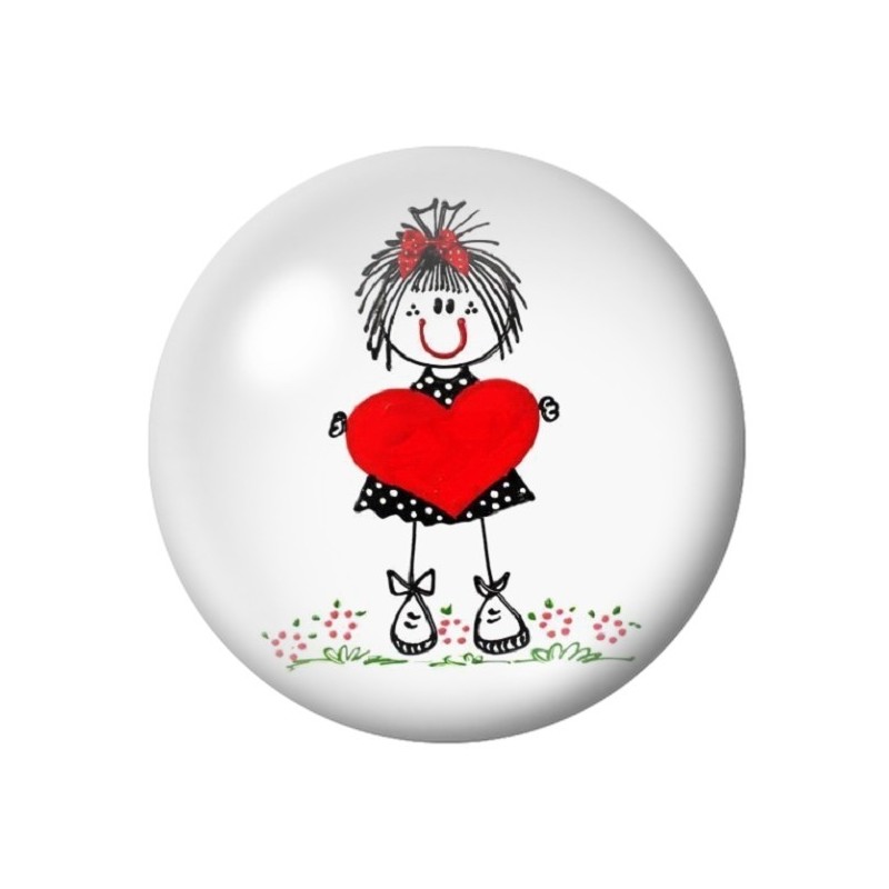 Cabochon en Verre Illustré Petite Fille Coeur Amour St Valentin 12 à 25mm