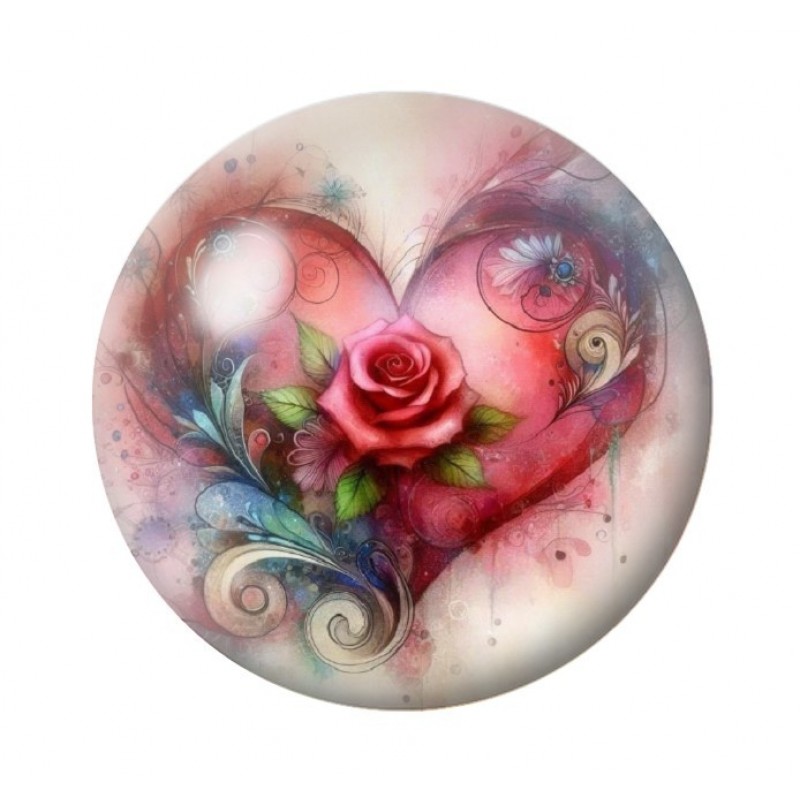 Cabochon en Verre Illustré Coeur Rose Amour St Valentin 12 à 25mm