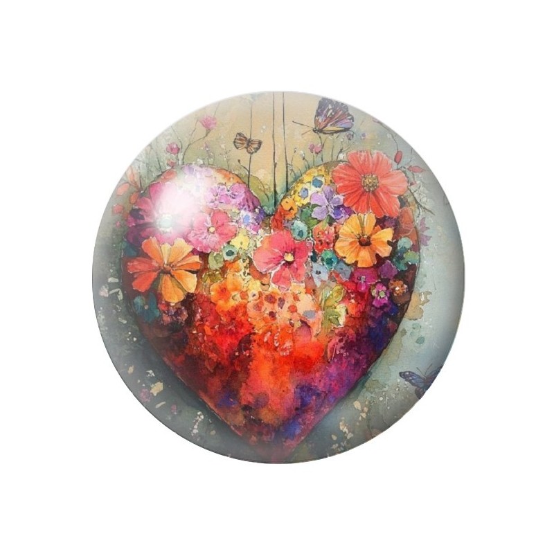 Cabochon en Verre Illustré Coeur Fleuri Amour St Valentin 12 à 25mm