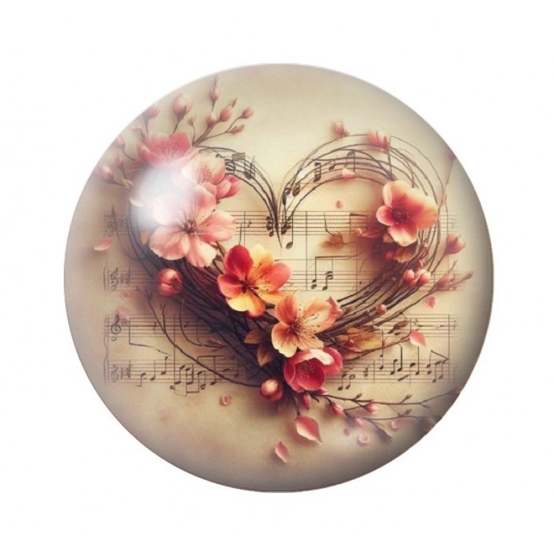 Cabochon en Verre Illustré Coeur Fleuri Musique Amour St Valentin 12 à 25mm