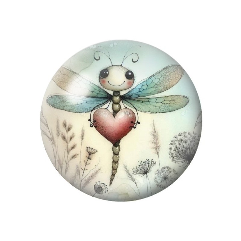 Cabochon en Verre Illustré Libellule Coeur Amour St Valentin 12 à 25mm