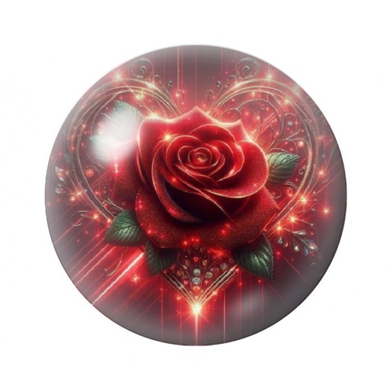 Cabochon en Verre Illustré Rose Rouge Amour St Valentin 12 à 25mm