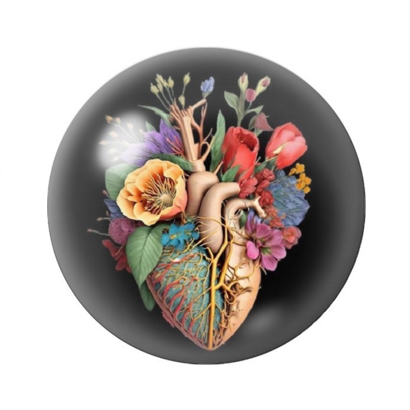 Cabochon en Verre Illustré Organe Coeur Fleuri Amour St Valentin 12 à 25mm
