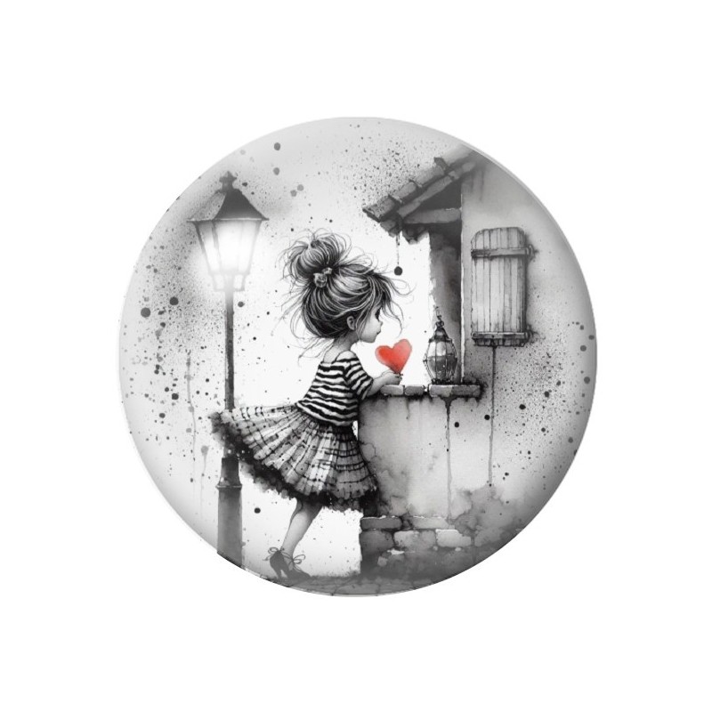 Cabochon en Verre Illustré Petite Fille Coeur Amour St Valentin 12 à 25mm