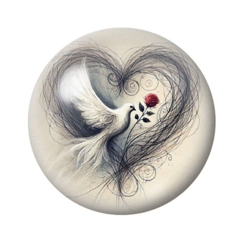 Cabochon en Verre Illustré Colombe Coeur Amour St Valentin 12 à 25mm
