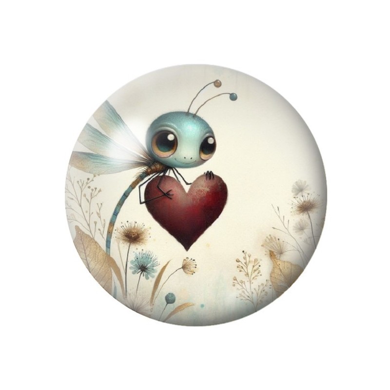 Cabochon en Verre Illustré Libellule Coeur Amour St Valentin 12 à 25mm