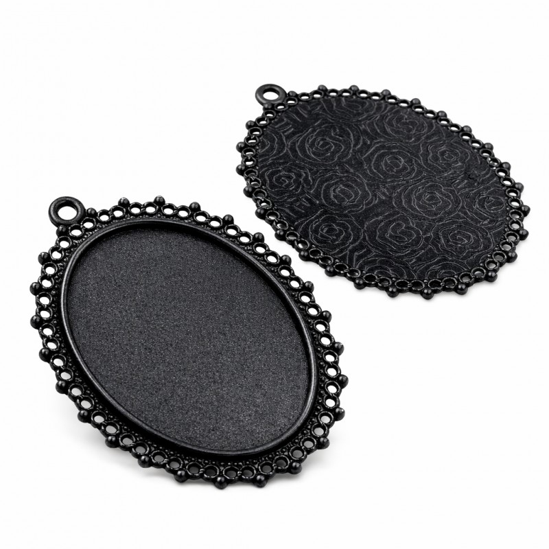 Support Pendentif Noir Ornementé pour Cabochon Ovale 30x40mm