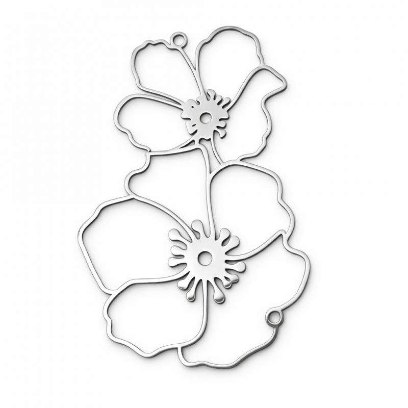 Breloque Fleurs Stylisée en Acier Inoxydable Argenté 52x33mm
