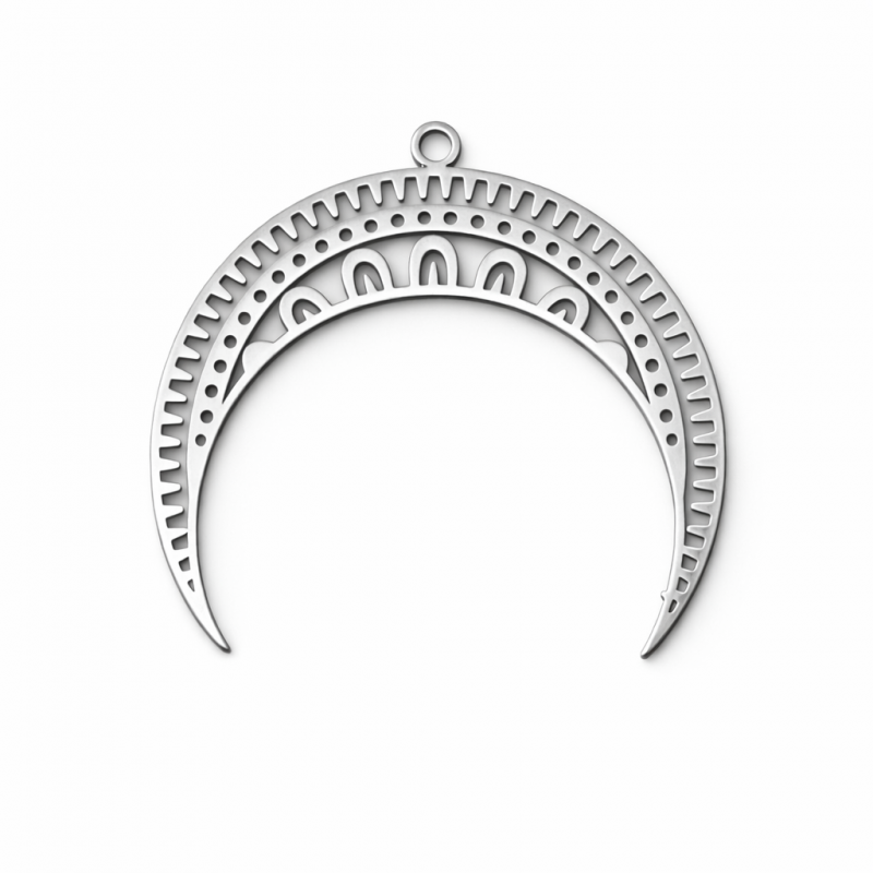 Breloque Croissant de Lune Stylisé en Acier Inoxydable Argenté 34x30mm