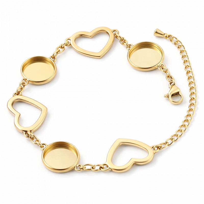 Support Bracelet Doré Cœurs en Acier Inoxydable pour Cabochons 12mm