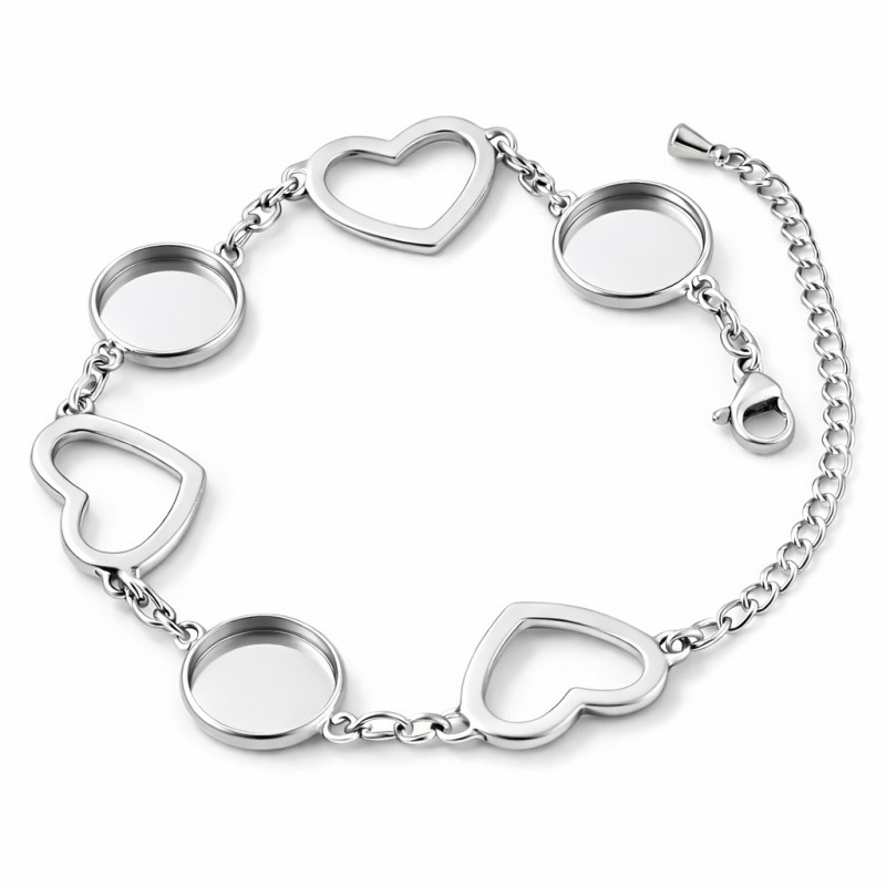 Support Bracelet Argenté Coeurs en Acier Inoxydable pour Cabochon 12mm