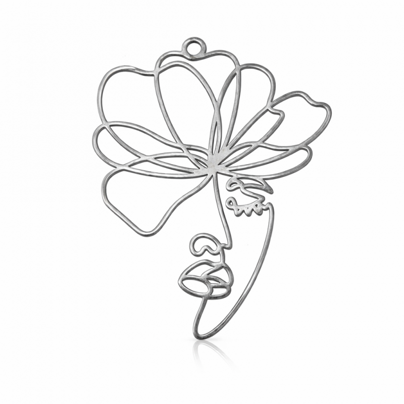 Breloque Visage Femme Fleur Onirique Stylisée en Acier Inoxydable Argenté 44x34mm