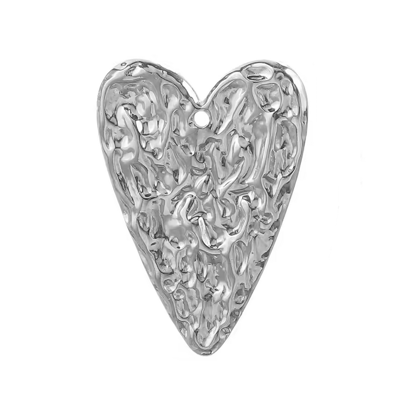 Breloque Coeur Texturé en Acier Inoxydable Argenté 34x24mm
