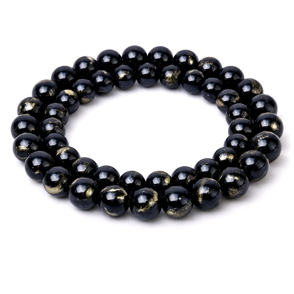 5 Perles Pierre Naturelle Jade Teinté Noir avec Feuille d'Or 8mm