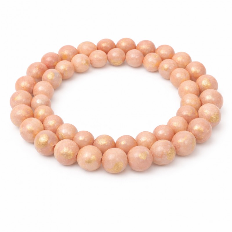 5 Perles Pierre Naturelle Jade Teinté Saumon avec Feuille d'Or 8mm