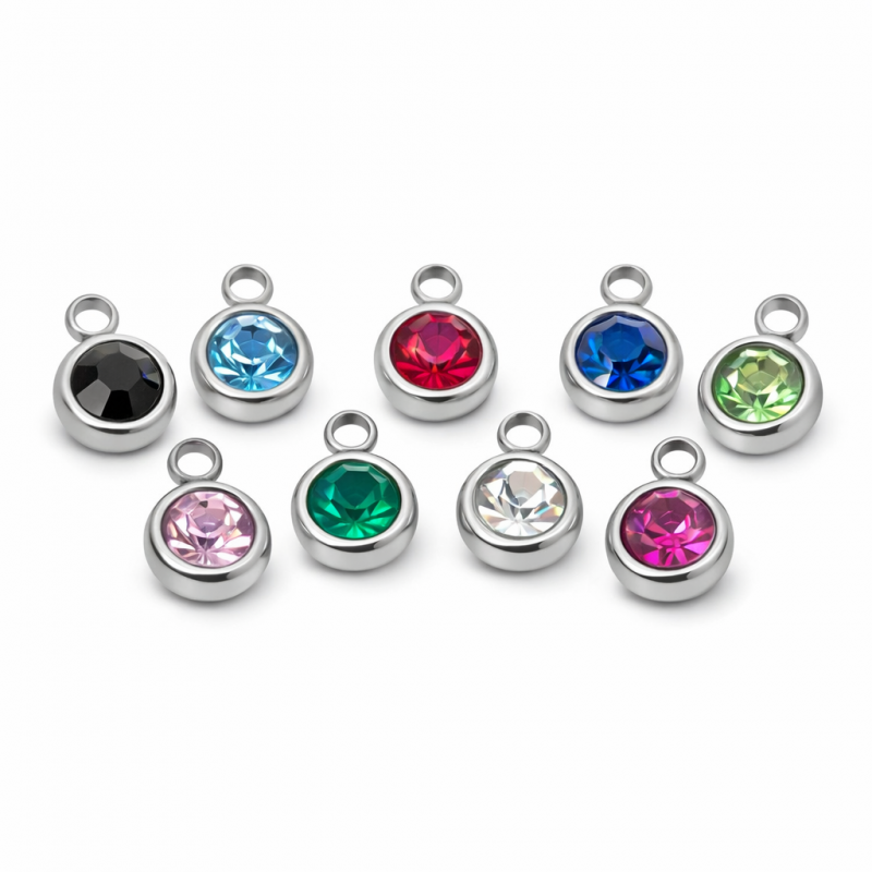 4 Breloques Rondes avec Strass Coloré Métal Argenté en Acier Inoxydable 8x6mm