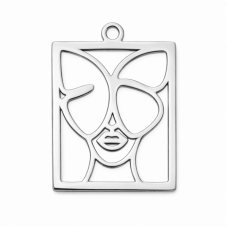Breloque Cadre Visage Femme Papillon Onirique en Acier Inoxydable Argenté 26x18mm pour la Création de Bijoux Fantaisie - DIY
