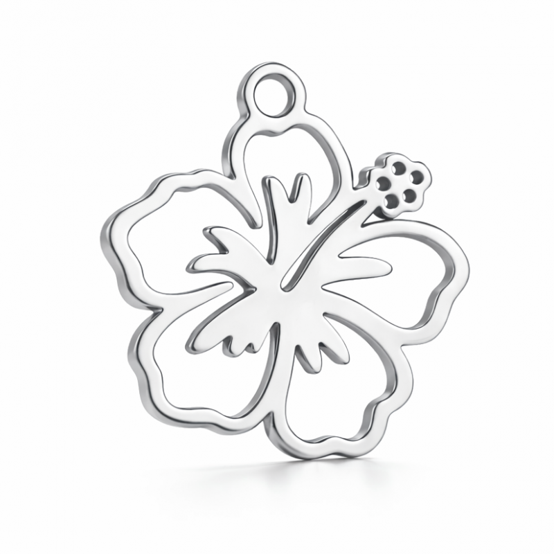 Breloque Fleur d’Hibiscus en Acier Inoxydable Argenté 16x15mm