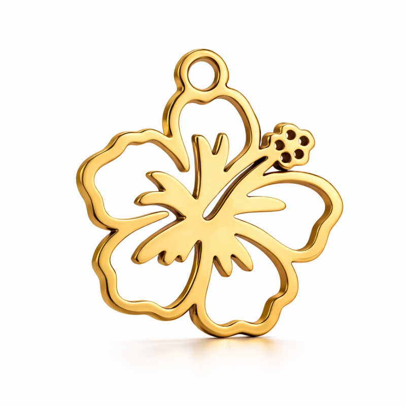 Breloque Fleur d’Hibiscus en Acier Inoxydable Doré 16x15mm