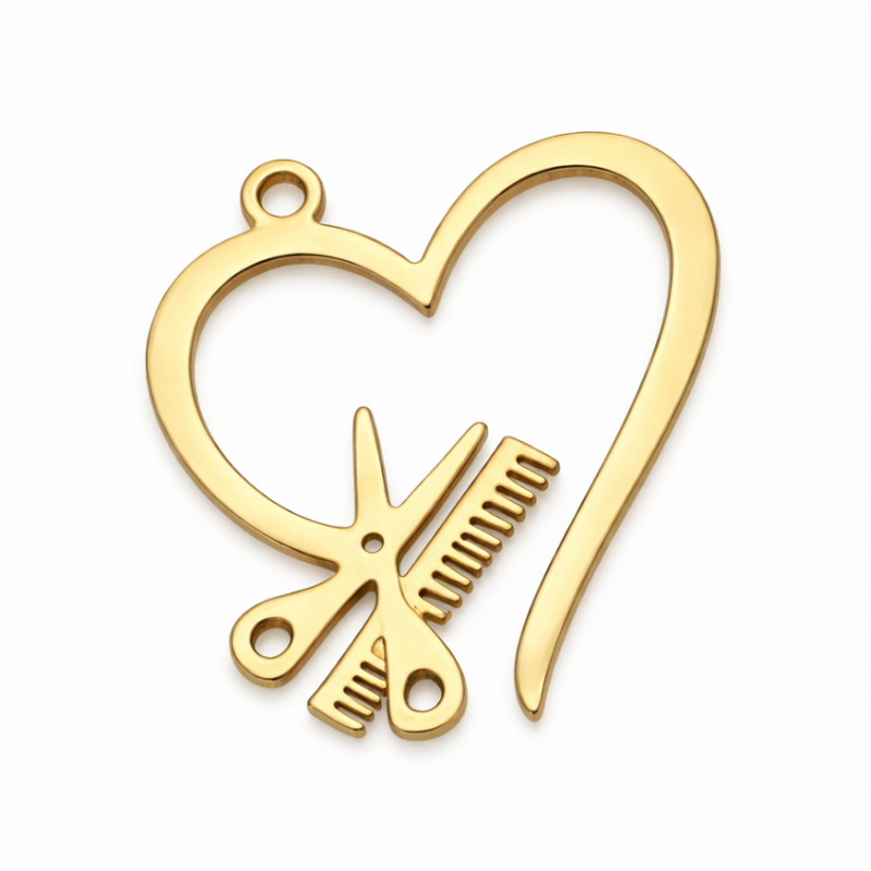 Breloque Coeur Ciseaux Coiffeur en Acier Inoxydable Doré 22x20mm