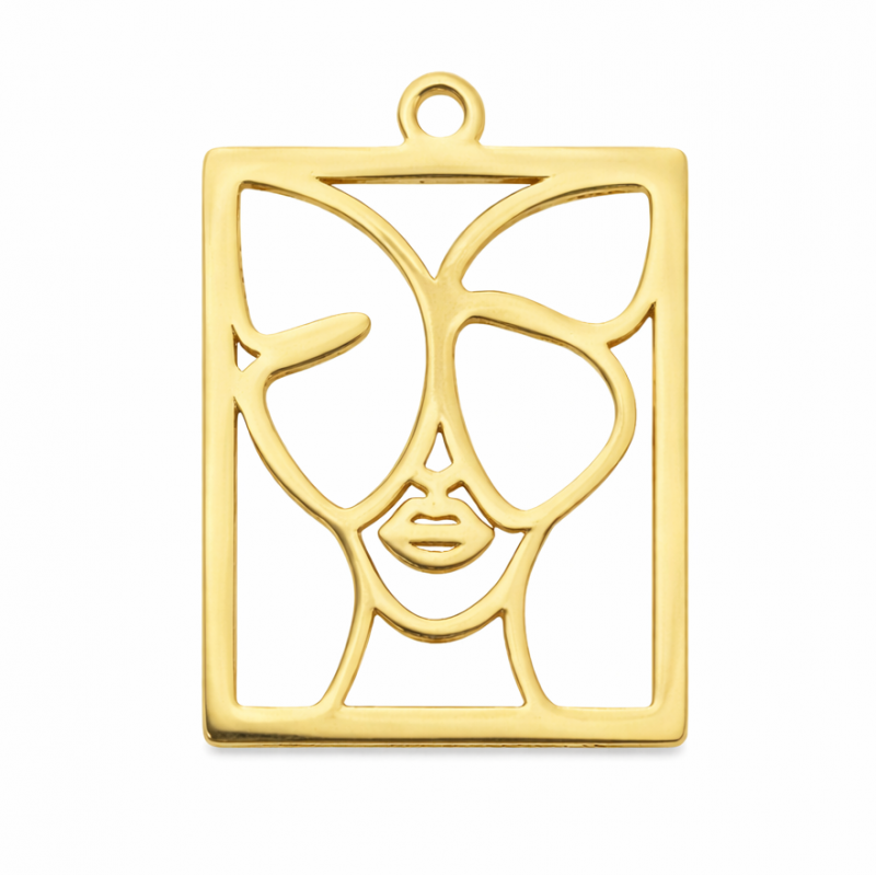 Breloque Cadre Visage Femme Papillon Onirique en Acier Inoxydable Doré 26x18mm