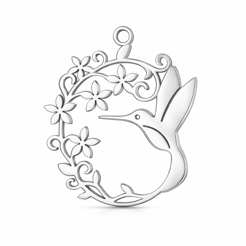 Breloque Colibri Fleurs en Acier Inoxydable Argenté 29x25mm
