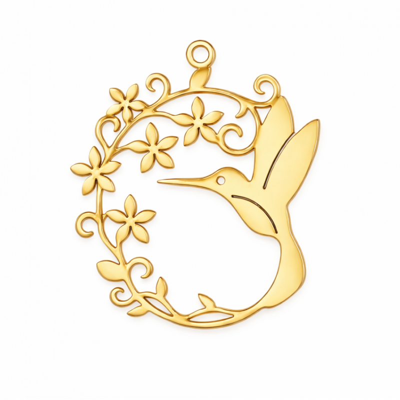 Breloque Colibri Fleurs en Acier Inoxydable Doré 29x25mm
