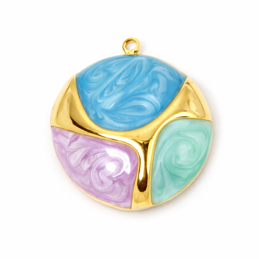 Breloque en Émail Bleu Rose Turquoise en Acier Inoxydable Doré 26x23mm