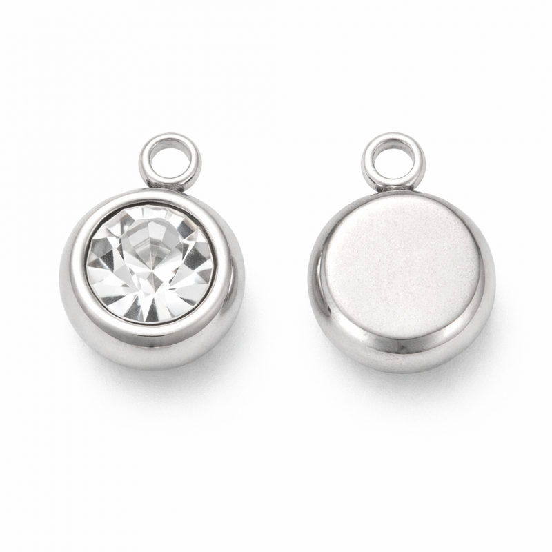 4 Breloques Rondes avec Strass Métal Argenté en Acier Inoxydable 8x6mm