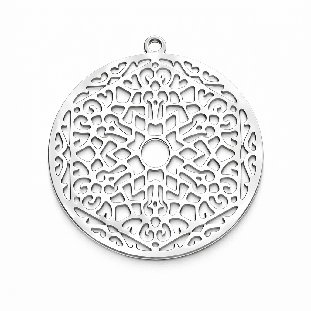2 Breloques Rondes Style Mandala Filigrane Ajouré en Acier Inoxydable Argenté 22x20mm